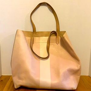Madewell Pink White Color Block Stripe Leather Tote Bag Pocket